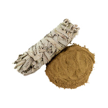 Load image into Gallery viewer, "Bundled sage and a pile of powdered sage on a white background," - Down to Earth.