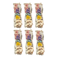 Load image into Gallery viewer, 6pk White Sage w/Assorted Flower Smudge Stick on a white background - Down To Earth