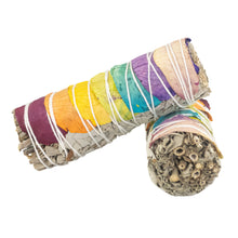 Load image into Gallery viewer, 7 Chakra White Sage Smudge Stick group photo on a white background - Down To Earth
