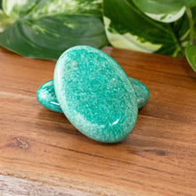 Load image into Gallery viewer, Amazonite Palm Stone up close with plants displayed on a styled background - Down To Earth