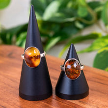 Load image into Gallery viewer, "Two amber rings on black cone stands with a blurred green plant background," - Down to Earth.