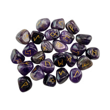 Load image into Gallery viewer, "Amethyst runes with gold symbol accents on a white background," - Down to Earth.