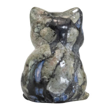 Load image into Gallery viewer, Black Glaucophane Cat Statue back facing displayed on a styled background - Down To Earth
