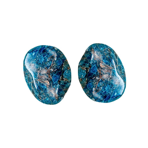 Pictured here is two Blue Apatite palm stones. Each is approximately 1 to 2 inches long. Blue Apatite is a deep blue color with some streaks of brown. - Down to Earth.