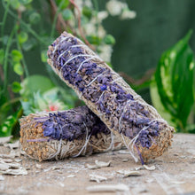 Load image into Gallery viewer, Blue Sage with Lavender Smudge Stick on a wooden surface styled photo - Down to Earth