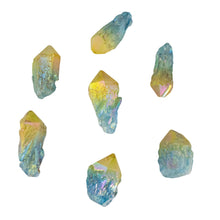 Load image into Gallery viewer, 1lb Blue & Yellow Aura Quartz Point on a white background - Down to Earth