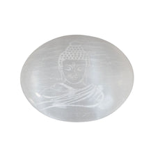 Load image into Gallery viewer, Buddha Engraved Selenite Palm Stones on a white background - Down to Earth