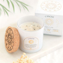 Load image into Gallery viewer, Cancer Zodiac Candle with Crystals and Matching Gift Box Styled Photo - Down To Earth