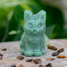 Load image into Gallery viewer, Green Aventurine Cat Statue on a wooden surface styled photo front angle - Down to Earth