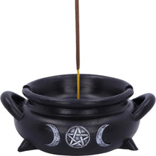 Load image into Gallery viewer, Black resin cauldron shaped ashtray and incense burner with white triple moon design - Down to Earth