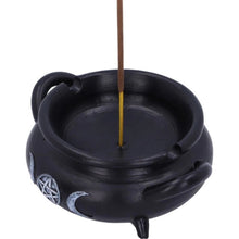 Load image into Gallery viewer, Black resin cauldron shaped ashtray and incense burner with white triple moon design top view - Down to Earth