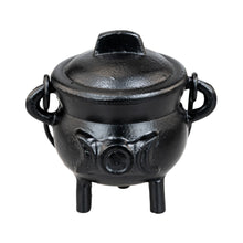 Load image into Gallery viewer, Cast Iron 3" Triple Moon Goddess Cauldron on a white background - Down to Earth