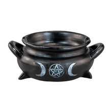 Load image into Gallery viewer, "Cauldron Incense Holder adorned with a design of a pentagram and two half moons on the front," - Down to Earth.