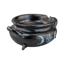 Load image into Gallery viewer, "Side view of a Cauldron Incense Holder that has a pentagram and two half moon designs on the front," - Down to Earth.