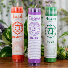 Load image into Gallery viewer, Chakra Energy Pillar Candle on a wooden surface styled photo - Down to Earth