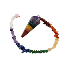 Load image into Gallery viewer, "Colorful Chakra Pendulum with a crystal chip chain on a white background," - Down to Earth.