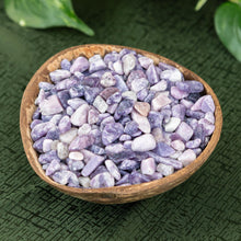 Load image into Gallery viewer, Lepidolite Crystal Chips in a coconut shell slight right angle styled photo - Down to Earth