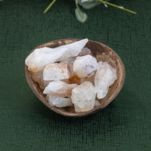 Load image into Gallery viewer, Citrine Points crystal stones in a wooden bowl on a green textured surface - Down to Earth