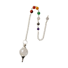 Load image into Gallery viewer, "Top-down view of a Clear Quartz Sephoroton Pendulum with a crystal chip chakra chain on a white background," - Down to Earth.