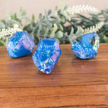 Load image into Gallery viewer, Cobalt Aura Quartz Point front facing on a style background - Down To Earth