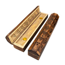Load image into Gallery viewer, "Two Octagon Coffin Incense Burners, one with the lid propped open to showcase the dual incense-cone holders," - Down to Earth.