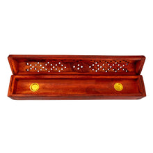 Load image into Gallery viewer, "Top-down view of a cherry red Coffin Incense Burner with its lid propped open on a white background," - Down to Earth.