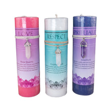 Load image into Gallery viewer, 3 different Crystal Energy Pillar Candles - Down To Earth online crystal healing candles