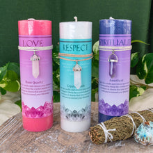 Load image into Gallery viewer, Crystal Energy Pillar Candles Styled - Down to Earth Crystal Candles