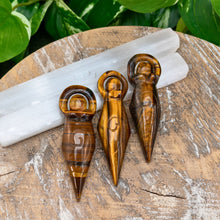 Load image into Gallery viewer, "Three Tiger's Eye Crystal Goddess Statues leaning on Selenite wands," - Down to Earth.