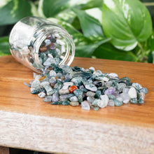 Load image into Gallery viewer, Green Moss Agate Crystal Chips 1lb up close in a jar displayed on a styled background - Down To Earth