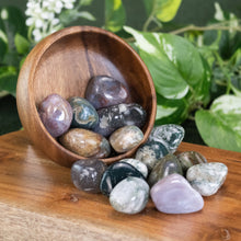 Load image into Gallery viewer, Green Moss Agate Tumbled 1lb side angled front facing on a styled background - Down To Earth