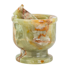 Load image into Gallery viewer, Green & White 5" Mortar & Pestle front facing with pestle inside mortar on a white background - Down To Earth