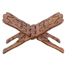 Load image into Gallery viewer, Hand Carved Wooden Book Holder on a white background side angle - Down to Earth
