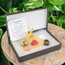 Load image into Gallery viewer, "Happiness Crystal Kit in a black box that includes Bumblebee Jasper, Carnelian, Garnet, Selenite, and a Glass Heart," - Down to Earth.