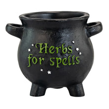 Load image into Gallery viewer, Herbs for Spells Cauldron Planter front side displayed on a white background - Down To Earth