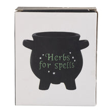 Load image into Gallery viewer, Herbs for Spells Cauldron Planter front side displayed on a white background - Down To Earth
