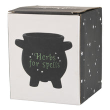 Load image into Gallery viewer, Herbs for Spells Cauldron Planter box angled displayed on a white background - Down To Earth