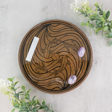 Load image into Gallery viewer, Koi Fish Pond Tray Dark Stained displayed on a grainy surface with flowers surrounding it, the tray is holding a selenite wand and two tumbled amethyst stones - Down to Earth