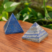 Load image into Gallery viewer, 2" Lapis Pyramid on a wooden surface with a green background second angle - Down to Earth