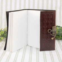 Load image into Gallery viewer, Maiden Mother Moon Leather Journal opened journal on a style background - Down To Earth
