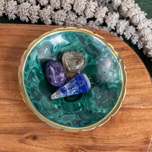 Load image into Gallery viewer, Malachite Round Bowl top rocks inside with brown background - Down To Earth