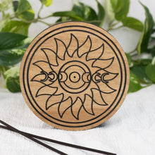 Load image into Gallery viewer, Moon Phrase Upright Incense Holder front side with incense sticks displayed on a styled background - Down To Earth