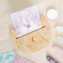 Load image into Gallery viewer, Wood Crescent Moon Tarot Card Stand with Card Styled - Down To Earth