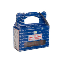Load image into Gallery viewer, "Side angle of a single package of Nag Champa Satya Backflow Dhoop Cones on a white background," - Down to Earth.