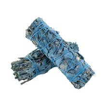 Load image into Gallery viewer, "Two bundles of blue Nag Champa White Sage Smudge Sticks on a white background," - Down to Earth.