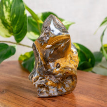 Load image into Gallery viewer, "Decorative Ocean Jasper Flame Point that stands at approximately 3.5 inches tall on a wooden platform with green foliage in the background," - Down to Earth.