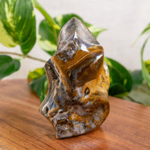 Load image into Gallery viewer, "Ocean Jasper Flame Point that stands at approximately 3.5 inches tall on a wooden platform with green foliage in the background," - Down to Earth.