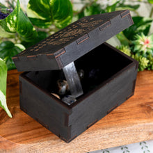 Load image into Gallery viewer, Ouija Trinket Box showcasing inside the box on a wooden surface - Down to Earth