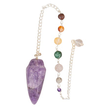 Load image into Gallery viewer, Amethyst Pendulum with Chakra stones on white background - Down to Earth