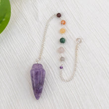 Load image into Gallery viewer, Amethyst Pendulum with Chakra stones on white cloth - Down to Earth